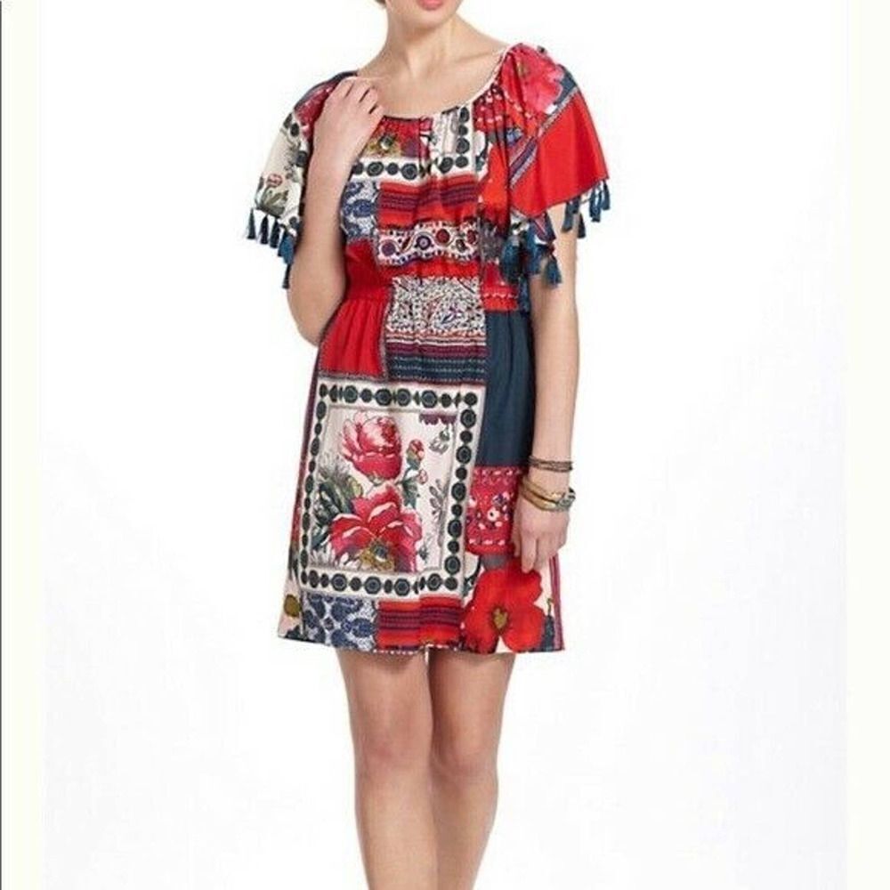 vanessa Virginia Anthropologie Persian Rose Floral Dress XS Tassel Trim lined - Picture 2 of 8